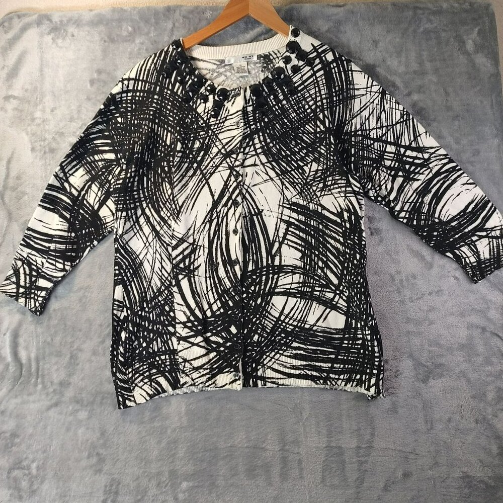 WD.NY Woman Abstract Top 1X Button Details & Embellishments‎ Black White Moody